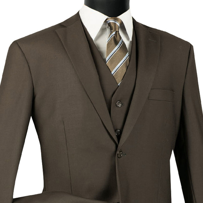 VINCI Men's Brown 3-Piece 2-Button Classic-Fit Suit - NEW with Matching Vest. Features a fully lined notch lapel jacket, flat-front pants ready for custom tailoring, and a coordinating vest. Ideal for professional settings and social outings. Available at Fashion House Inc. (FH Menswear)