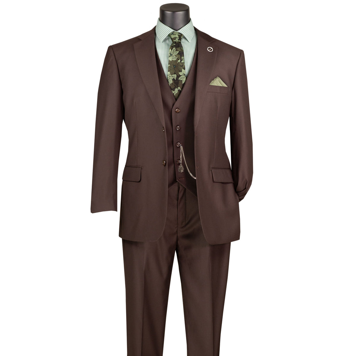VINCI Men's Brown 3-Piece 2-Button Classic-Fit Suit - NEW with Matching Vest. Features a fully lined notch lapel jacket, flat-front pants ready for custom tailoring, and a coordinating vest. Ideal for professional settings and social outings. Available at Fashion House Inc. (FH Menswear)
