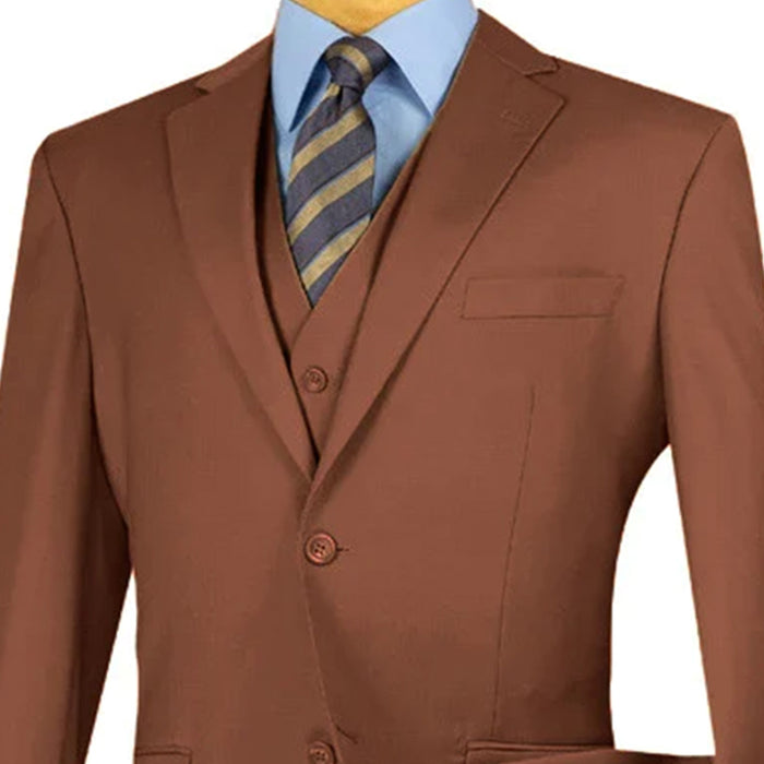 VINCI Men's Cognac 3-Piece 2-Button Classic-Fit Suit - NEW with Matching Vest. Features a fully lined notch lapel jacket, flat-front pants ready for custom tailoring, and a coordinating vest. Ideal for professional settings and social outings. Available at Fashion House Inc. (FH Menswear)