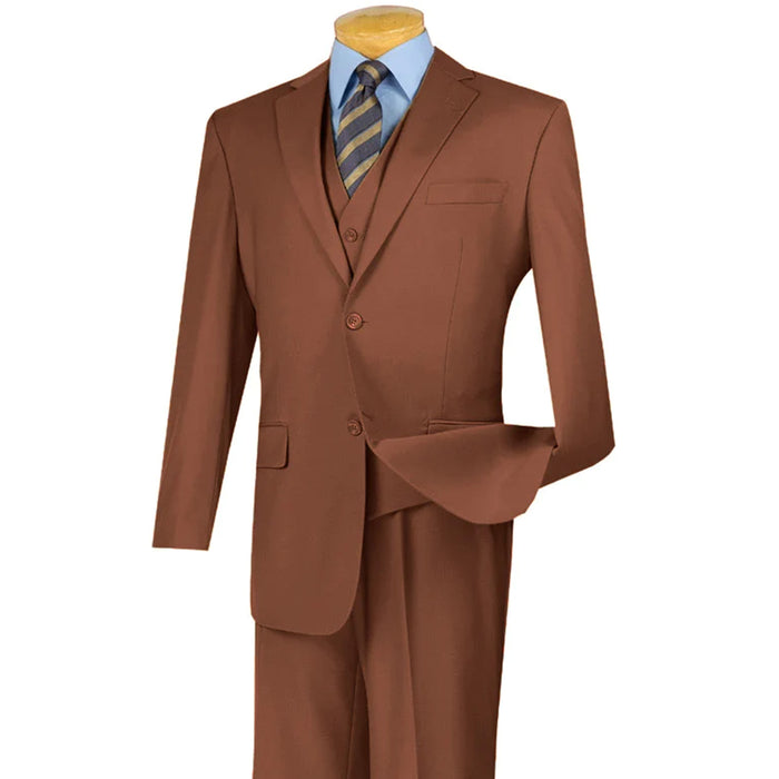 VINCI Men's Cognac 3-Piece 2-Button Classic-Fit Suit - NEW with Matching Vest. Features a fully lined notch lapel jacket, flat-front pants ready for custom tailoring, and a coordinating vest. Ideal for professional settings and social outings. Available at Fashion House Inc. (FH Menswear)