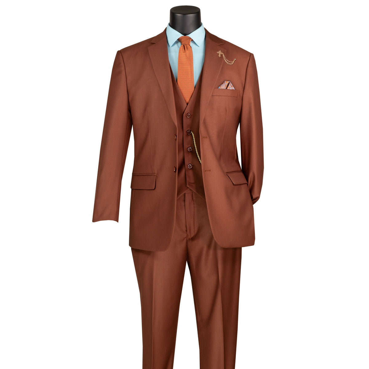 VINCI Men's Cognac 3-Piece 2-Button Classic-Fit Suit - NEW with Matching Vest. Features a fully lined notch lapel jacket, flat-front pants ready for custom tailoring, and a coordinating vest. Ideal for professional settings and social outings. Available at Fashion House Inc. (FH Menswear)
