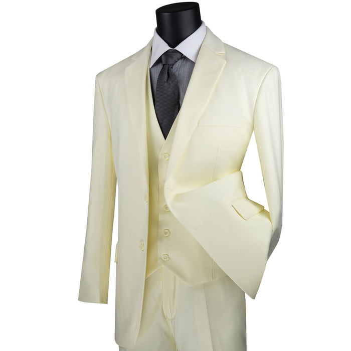 VINCI Men's Ivory 3-Piece 2-Button Classic-Fit Suit - NEW with Matching Vest. Features a fully lined notch lapel jacket, flat-front pants ready for custom tailoring, and a coordinating vest. Ideal for professional settings and social outings. Available at Fashion House Inc. (FH Menswear)