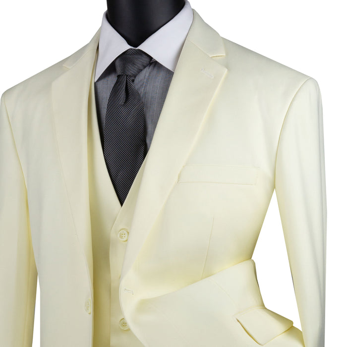 VINCI Men's Ivory 3-Piece 2-Button Classic-Fit Suit - NEW with Matching Vest. Features a fully lined notch lapel jacket, flat-front pants ready for custom tailoring, and a coordinating vest. Ideal for professional settings and social outings. Available at Fashion House Inc. (FH Menswear)