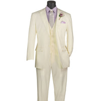 VINCI Men's Ivory 3-Piece 2-Button Classic-Fit Suit - NEW with Matching Vest. Features a fully lined notch lapel jacket, flat-front pants ready for custom tailoring, and a coordinating vest. Ideal for professional settings and social outings. Available at Fashion House Inc. (FH Menswear)