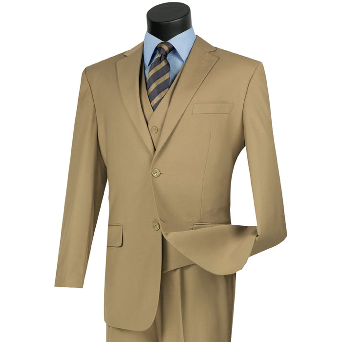 VINCI Men's Khaki 3-Piece 2-Button Classic-Fit Suit - NEW with Matching Vest. Features a fully lined notch lapel jacket, flat-front pants ready for custom tailoring, and a coordinating vest. Ideal for professional settings and social outings. Available at Fashion House Inc. (FH Menswear)