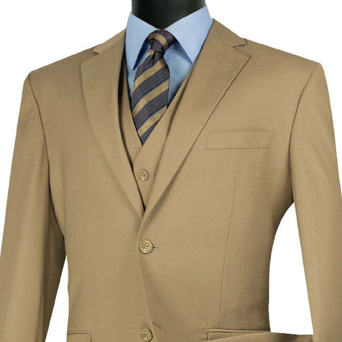 VINCI Men's Khaki 3-Piece 2-Button Classic-Fit Suit - NEW with Matching Vest. Features a fully lined notch lapel jacket, flat-front pants ready for custom tailoring, and a coordinating vest. Ideal for professional settings and social outings. Available at Fashion House Inc. (FH Menswear)