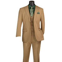 VINCI Men's Khaki 3-Piece 2-Button Classic-Fit Suit - NEW with Matching Vest. Features a fully lined notch lapel jacket, flat-front pants ready for custom tailoring, and a coordinating vest. Ideal for professional settings and social outings. Available at Fashion House Inc. (FH Menswear)