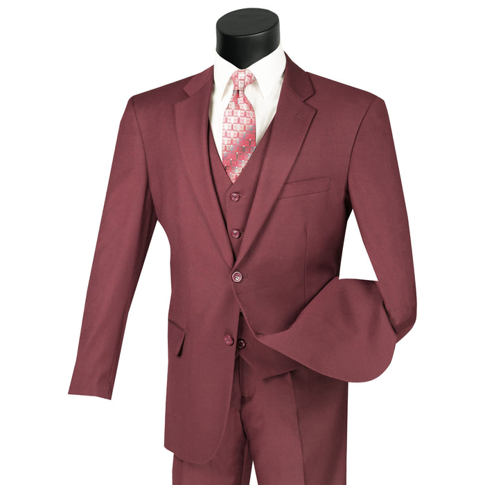 VINCI Men's Burgundy 3-Piece 2-Button Classic-Fit Suit - NEW with Matching Vest. Features a fully lined notch lapel jacket, flat-front pants ready for custom tailoring, and a coordinating vest. Ideal for professional settings and social outings. Available at Fashion House Inc. (FH Menswear)