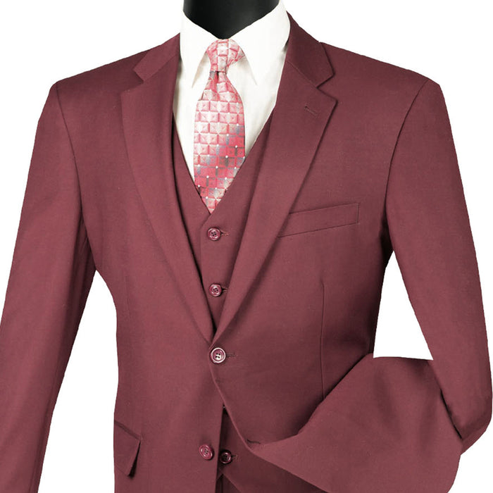 VINCI Men's Burgundy 3-Piece 2-Button Classic-Fit Suit - NEW with Matching Vest. Features a fully lined notch lapel jacket, flat-front pants ready for custom tailoring, and a coordinating vest. Ideal for professional settings and social outings. Available at Fashion House Inc. (FH Menswear)