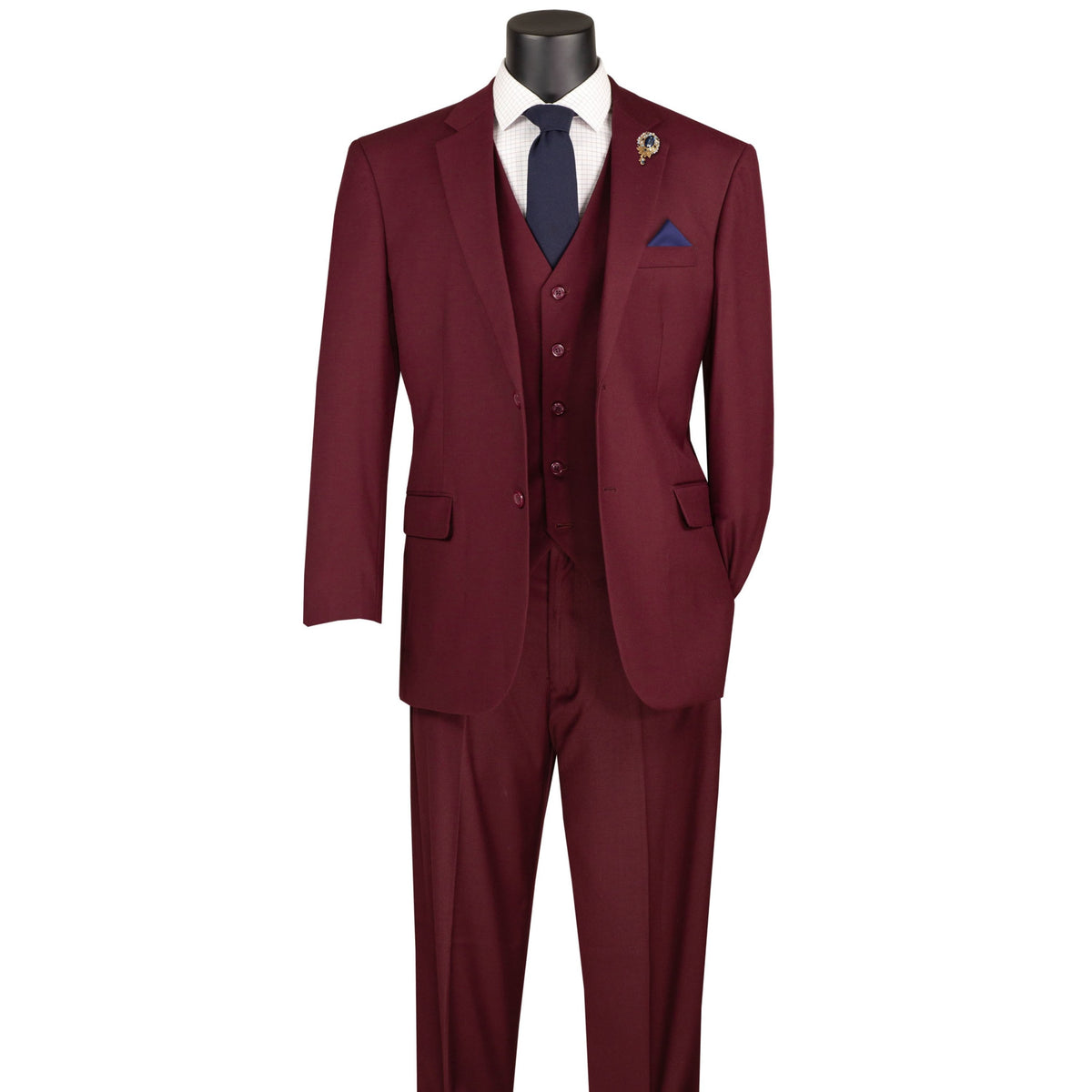 VINCI Men's Burgundy 3-Piece 2-Button Classic-Fit Suit - NEW with Matching Vest. Features a fully lined notch lapel jacket, flat-front pants ready for custom tailoring, and a coordinating vest. Ideal for professional settings and social outings. Available at Fashion House Inc. (FH Menswear)