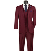 VINCI Men's Burgundy 3-Piece 2-Button Classic-Fit Suit - NEW with Matching Vest. Features a fully lined notch lapel jacket, flat-front pants ready for custom tailoring, and a coordinating vest. Ideal for professional settings and social outings. Available at Fashion House Inc. (FH Menswear)