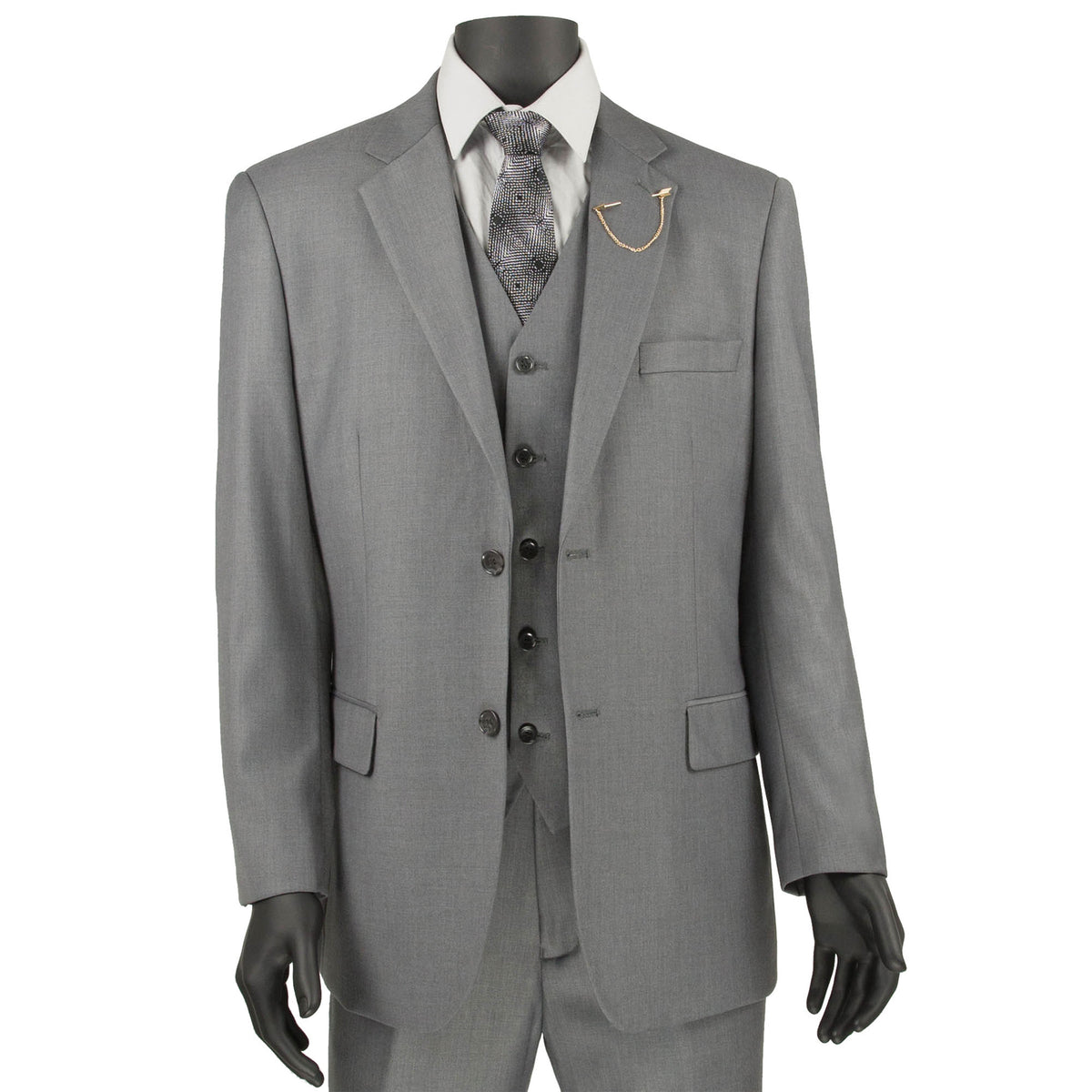 VINCI Men's Medium Gray 3-Piece 2-Button Classic-Fit Suit - NEW with Matching Vest. Features a fully lined notch lapel jacket, flat-front pants ready for custom tailoring, and a coordinating vest. Ideal for professional settings and social outings. Available at Fashion House Inc. (FH Menswear)