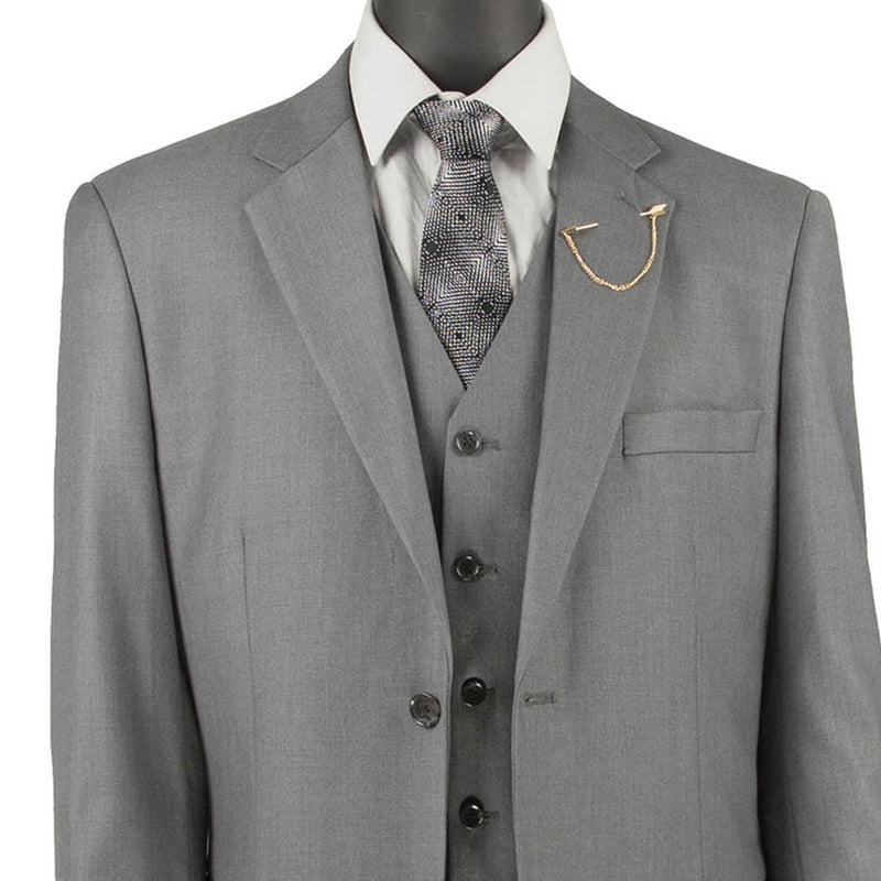 VINCI Men's Medium Gray 3-Piece 2-Button Classic-Fit Suit - NEW with Matching Vest. Features a fully lined notch lapel jacket, flat-front pants ready for custom tailoring, and a coordinating vest. Ideal for professional settings and social outings. Available at Fashion House Inc. (FH Menswear)