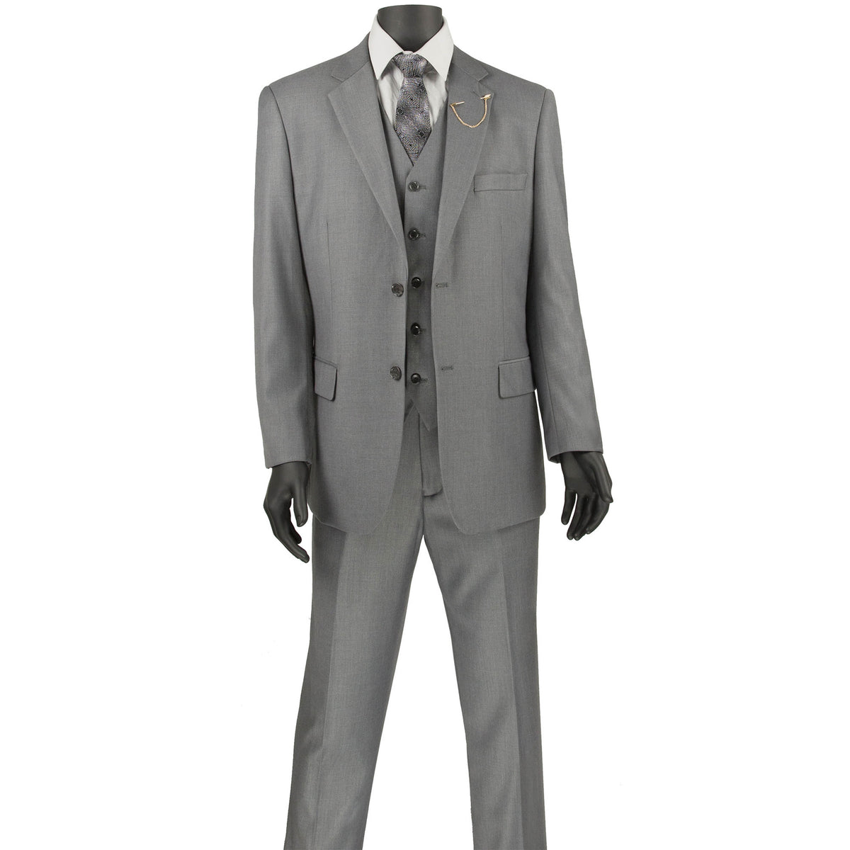 VINCI Men's Medium Gray 3-Piece 2-Button Classic-Fit Suit - NEW with Matching Vest. Features a fully lined notch lapel jacket, flat-front pants ready for custom tailoring, and a coordinating vest. Ideal for professional settings and social outings. Available at Fashion House Inc. (FH Menswear)