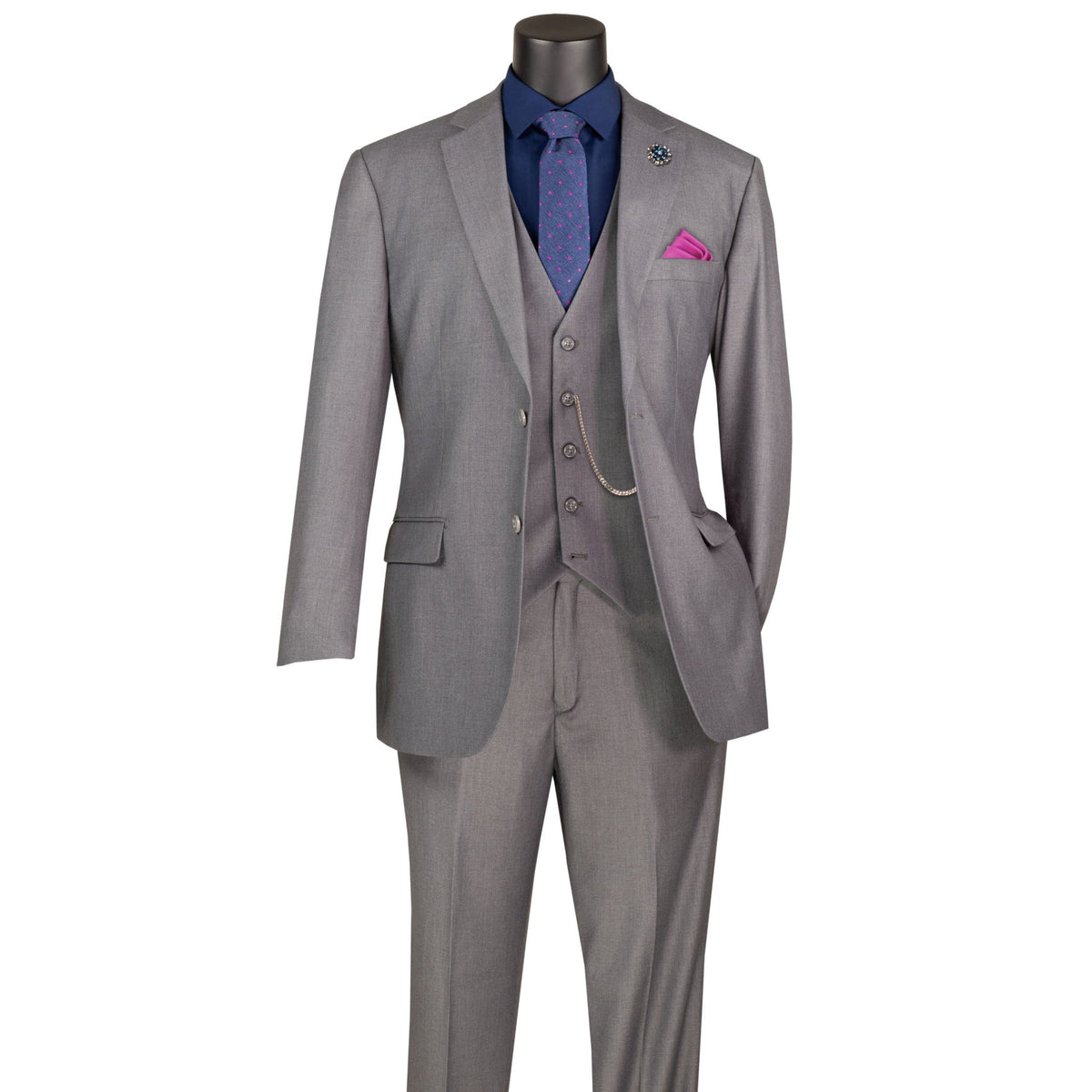 VINCI Men's Medium Gray 3-Piece 2-Button Classic-Fit Suit - NEW with Matching Vest. Features a fully lined notch lapel jacket, flat-front pants ready for custom tailoring, and a coordinating vest. Ideal for professional settings and social outings. Available at Fashion House Inc. (FH Menswear)