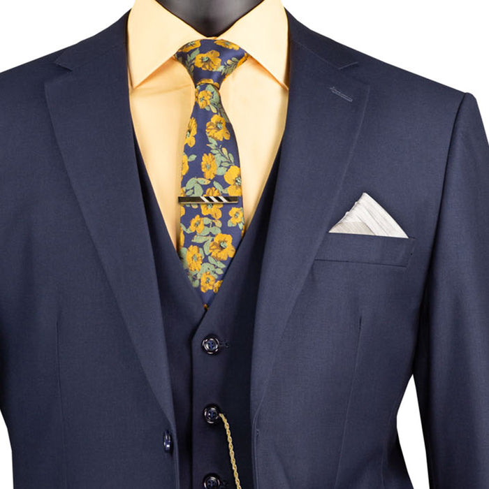 VINCI Men's Navy Blue 3-Piece 2-Button Classic-Fit Suit - NEW with Matching Vest. Features a fully lined notch lapel jacket, flat-front pants ready for custom tailoring, and a coordinating vest. Ideal for professional settings and social outings. Available at Fashion House Inc. (FH Menswear)