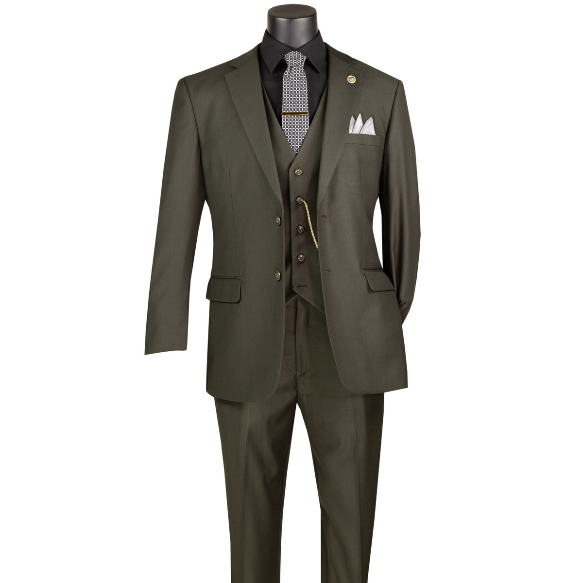 VINCI Men's Olive Green 3-Piece 2-Button Classic-Fit Suit - NEW with Matching Vest. Features a fully lined notch lapel jacket, flat-front pants ready for custom tailoring, and a coordinating vest. Ideal for professional settings and social outings. Available at Fashion House Inc. (FH Menswear)