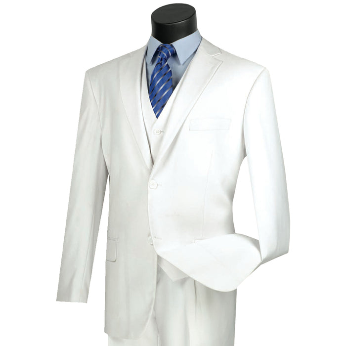 VINCI Men's White 3-Piece 2-Button Classic-Fit Suit - NEW with Matching Vest. Features a fully lined notch lapel jacket, flat-front pants ready for custom tailoring, and a coordinating vest. Ideal for professional settings and social outings. Available at Fashion House Inc. (FH Menswear)