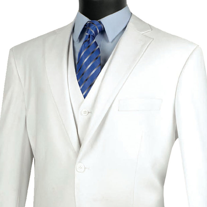 VINCI Men's White 3-Piece 2-Button Classic-Fit Suit - NEW with Matching Vest. Features a fully lined notch lapel jacket, flat-front pants ready for custom tailoring, and a coordinating vest. Ideal for professional settings and social outings. Available at Fashion House Inc. (FH Menswear)