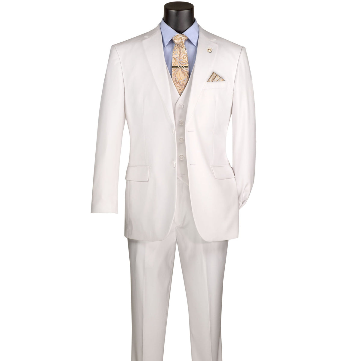 VINCI Men's White 3-Piece 2-Button Classic-Fit Suit - NEW with Matching Vest. Features a fully lined notch lapel jacket, flat-front pants ready for custom tailoring, and a coordinating vest. Ideal for professional settings and social outings. Available at Fashion House Inc. (FH Menswear)