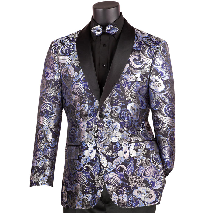 Floral Modern-Fit Shawl-Collar Metallic Tuxedo Jacket in Navy Blue
