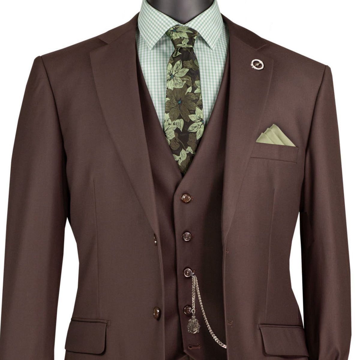 3 Piece 2 Button Classic Fit Suit w/ Flexible Waistband in Brown