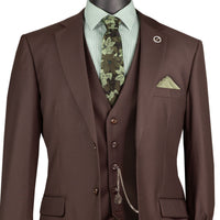 3 Piece 2 Button Classic Fit Suit w/ Flexible Waistband in Brown