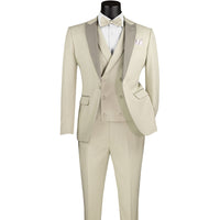 3-Piece Slim-Fit Tuxedo w/ Bow-Tie in Ecru Beige