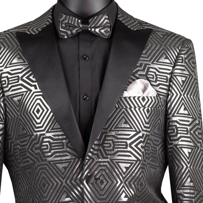 Geometric Jacquard Modern-Fit Metallic Tuxedo Jacket in Silver