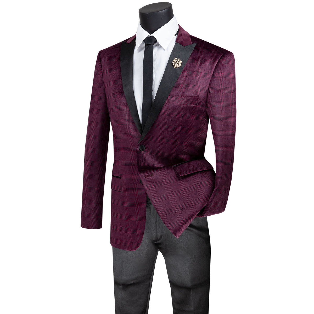 Glen Plaid Slim-Fit Velvet Tuxedo Jacket in Burgundy