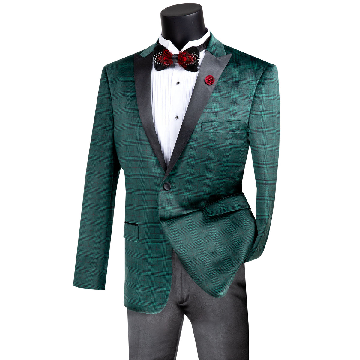 Glen Plaid Slim-Fit Velvet Tuxedo Jacket in Emerald Green