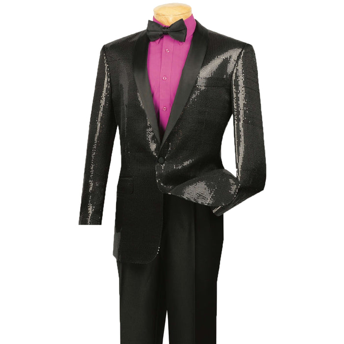 Sequins Disco Shawl-Collar Tuxedo Jacket in Black