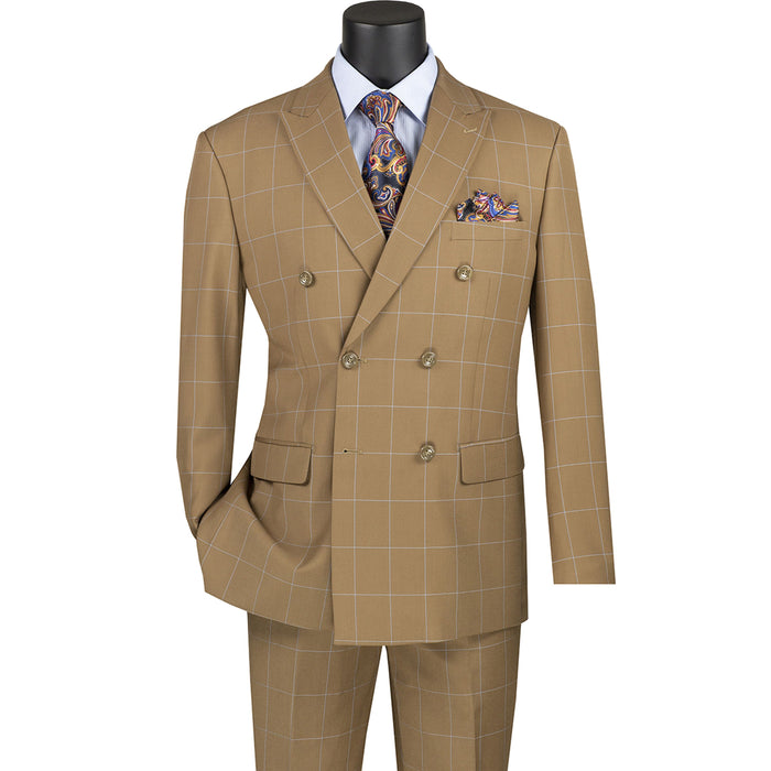 Windowpane Double-Breasted Modern-Fit Suit in Camel Beige