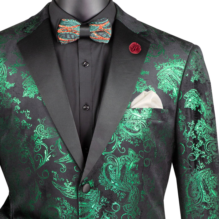 Paisley Embossed Modern-Fit Tuxedo Jacket in Emerald & Black