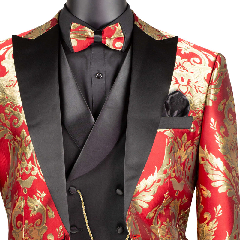 Jacquard Modern-Fit 3-Piece Tuxedo w/ Matching Bow-Tie in Red & Gold