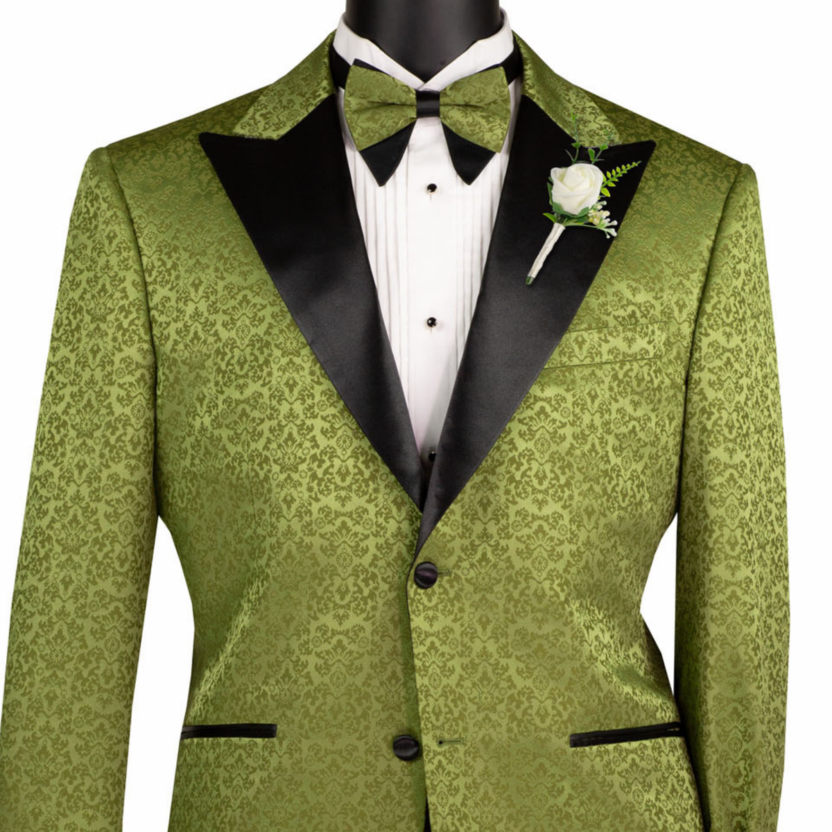 Floral Jacquard 2 Button Reg Fit Tuxedo Jacket in Pesto Green
