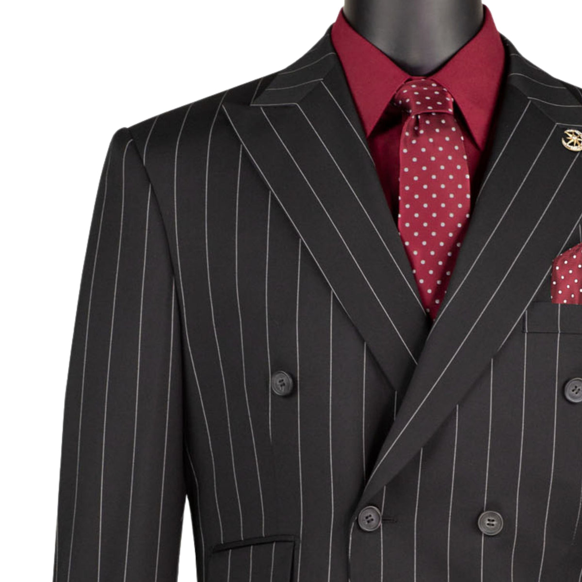 Wide Striped Double Breasted Regular Fit Suit w/ Adjustable Waistband in Black