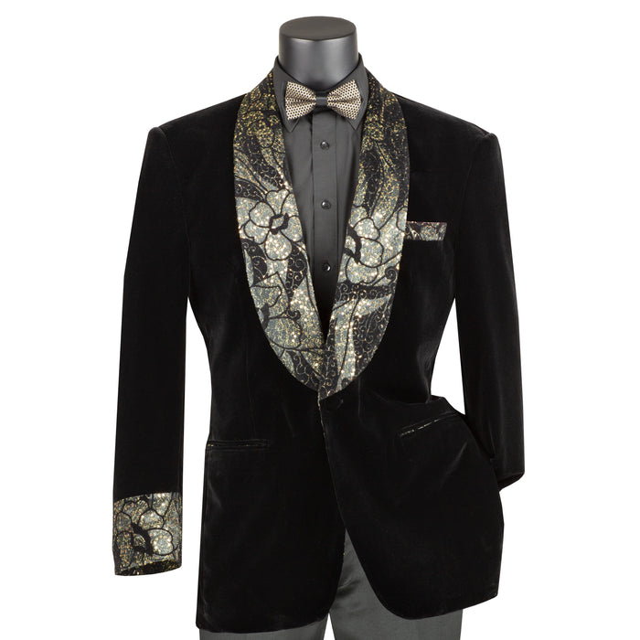Velvet Blazer w/ Floral Shawl Collar & Cuff in Black