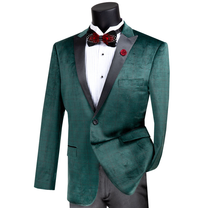 Glen Plaid Slim-Fit Velvet Tuxedo Jacket in Emerald Green
