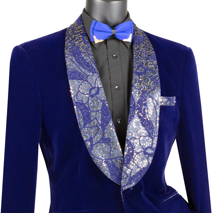 Velvet Blazer w/ Floral Shawl Collar & Cuff in Navy Blue