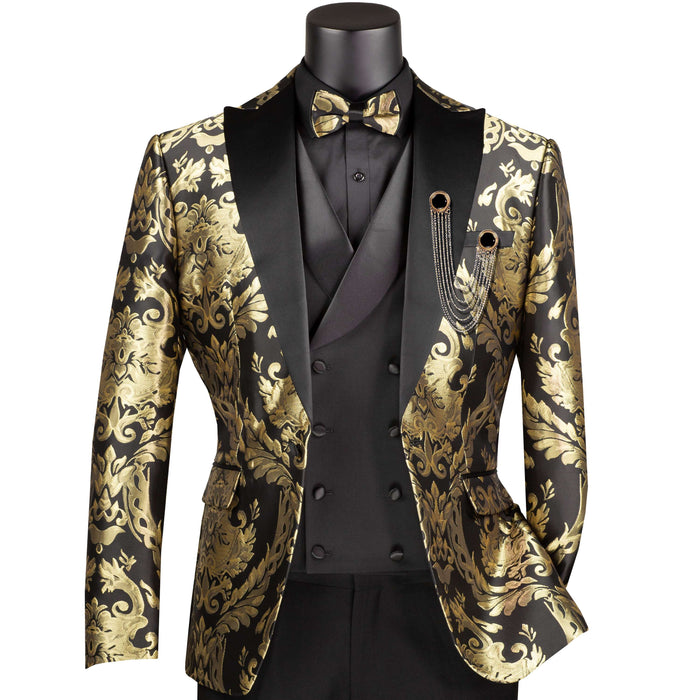 Jacquard Modern-Fit 3-Piece Tuxedo w/ Matching Bow-Tie in Black & Gold