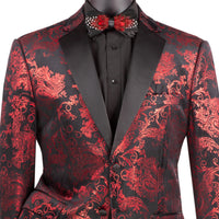 Paisley Embossed Modern-Fit Tuxedo Jacket in Red & Black