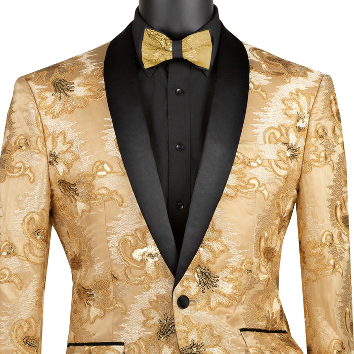 Paisley Embroidered Slim-Fit Blazer w/ Bow Tie in Champagne Beige