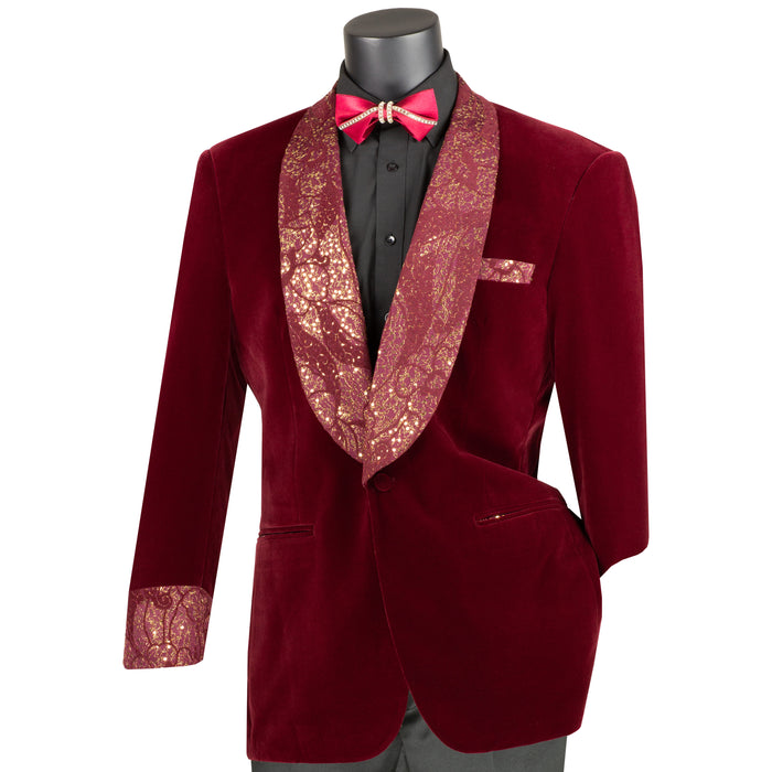 Velvet Blazer w/ Floral Shawl Collar & Cuff in Burgundy