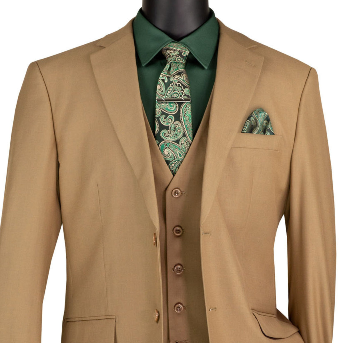 3 Piece 2 Button Classic Fit Suit w/ Flexible Waistband in Khaki