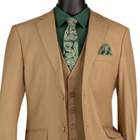 3 Piece 2 Button Classic Fit Suit w/ Flexible Waistband in Khaki