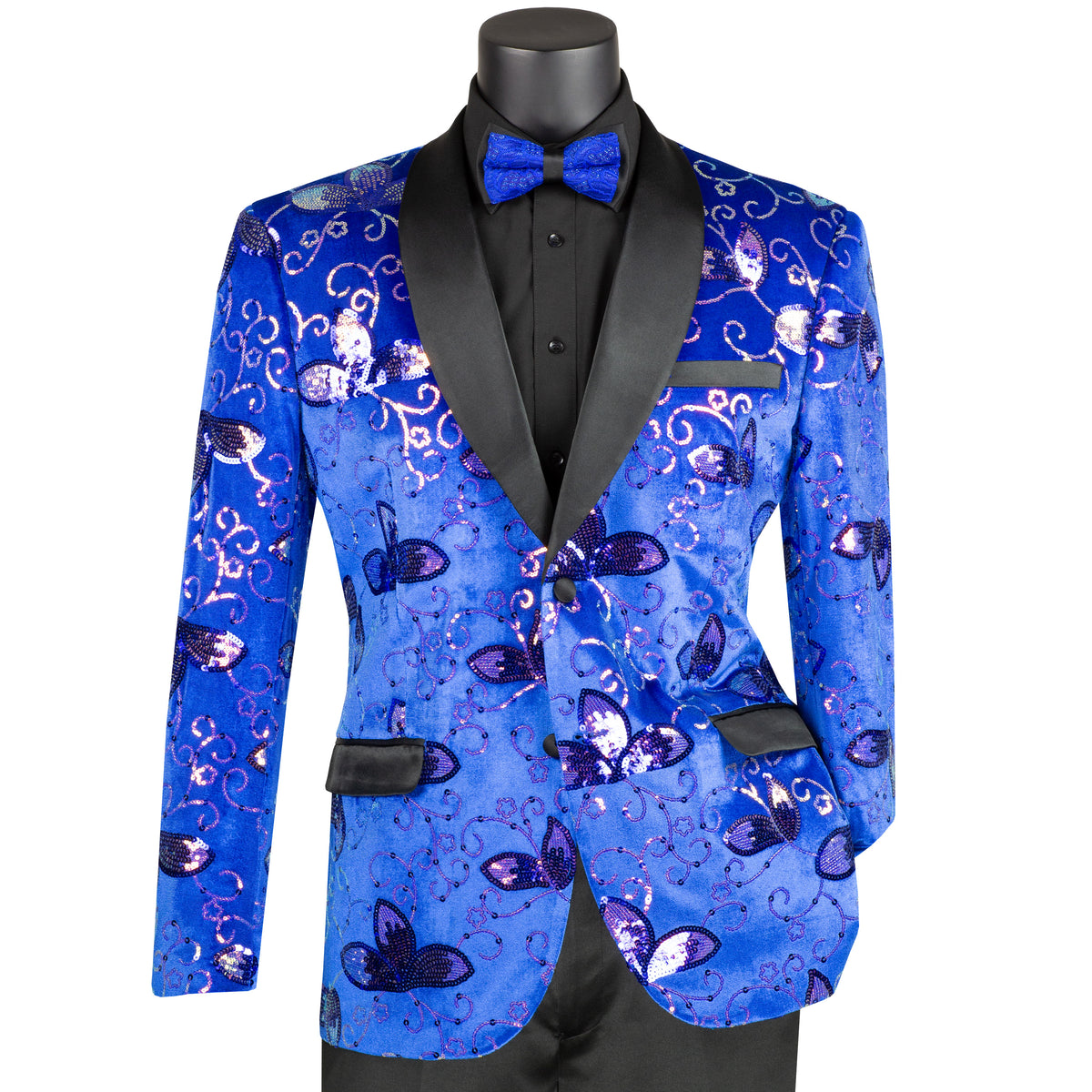 Floral Sequins Velvet Slim-Fit Tuxedo Jacket in Royal Blue