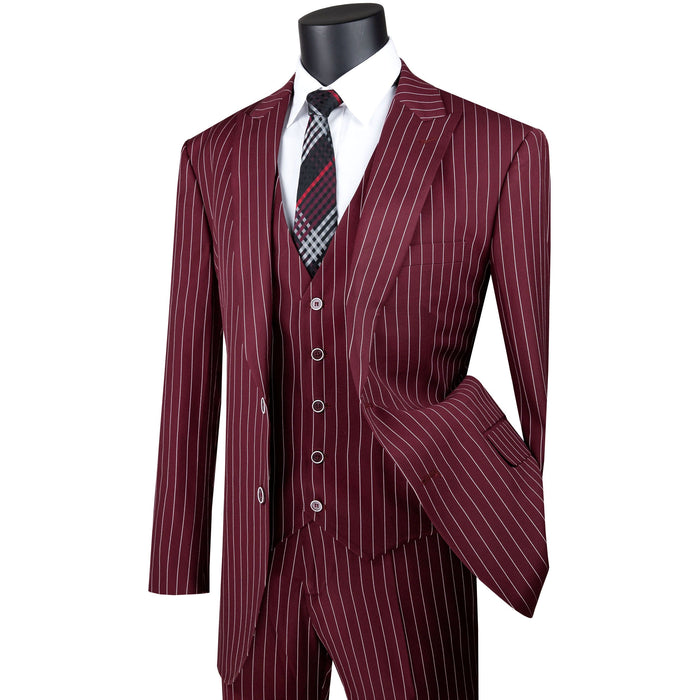 Gangster Stripe 3-Piece Classic-Fit Suit in Burgundy