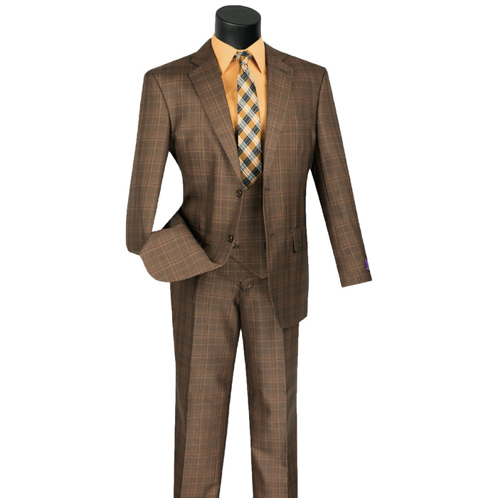 Sharkskin Glen Plaid 3-Piece Classic-Fit Suit in Chestnut Brown