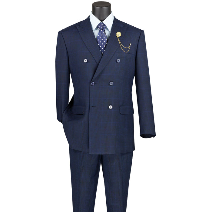 Plaid Double-Breasted Classic-Fit Suit in Navy Blue